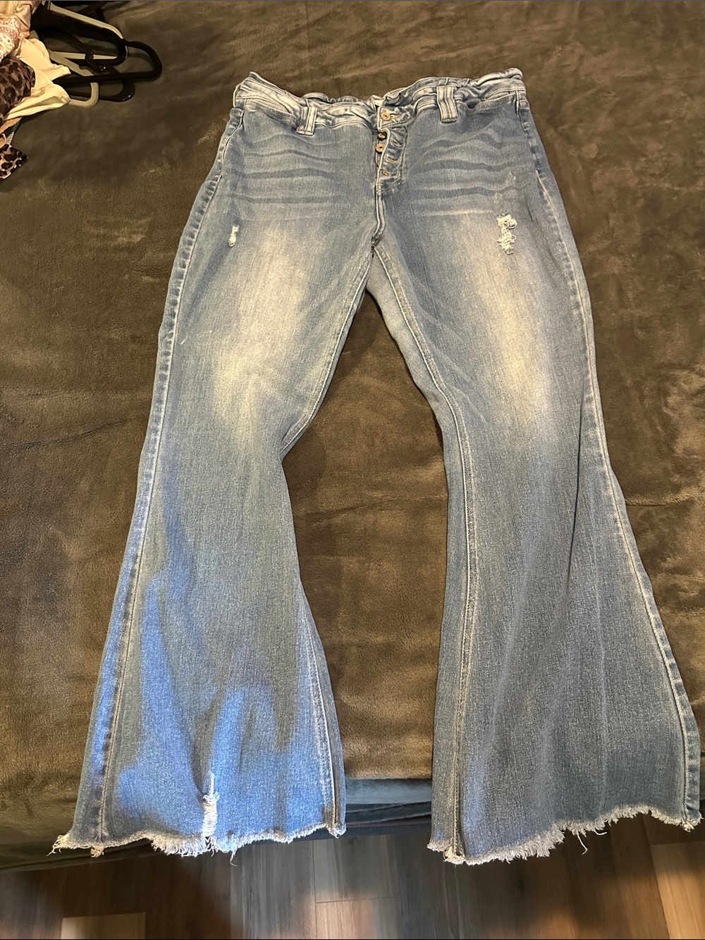 KanCan Faded Light Blue High-Rise Flare Jeans with Frayed Hem